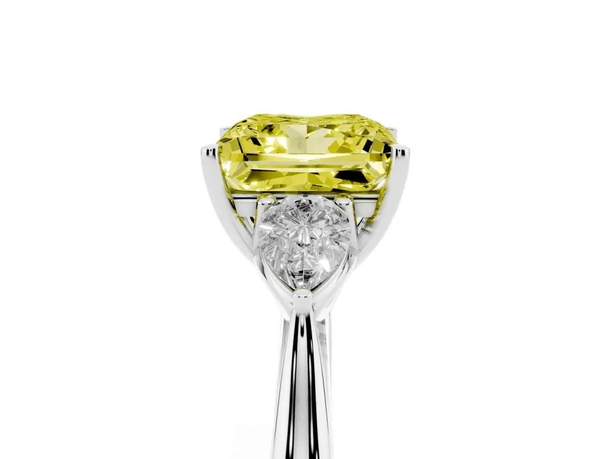 Fancy Yellow Three-Stone Princess Cut Brilliant Diamond Solitaire Ring with Tapered Band and Four-Prong Setting White gold