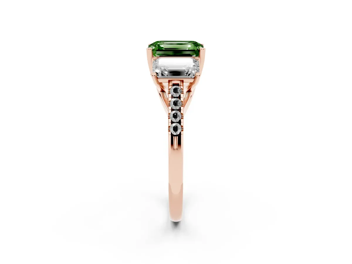 Fancy Green Three-Stone Emerald Cut Diamond Ring with Round Pavé Band and Prong Setting Rose gold