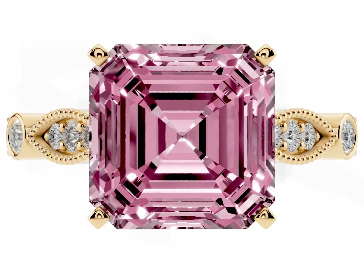 Fancy Pink Asscher Cut Cut Diamond with Milgrain Marquise and Bezel Accents on a Solitaire Band with Prong Setting Yellow gold