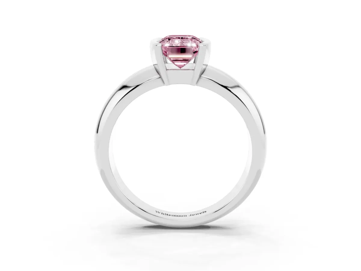 Fancy Pink Emerald Cut Solitaire Tension Set Diamond Ring with Wide Band White gold