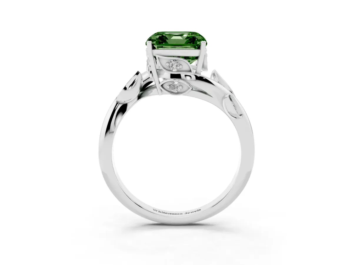 Fancy Green Asscher Cut Solitaire Twist Engagement Ring with Leaf Accents and Prong Setting Silver