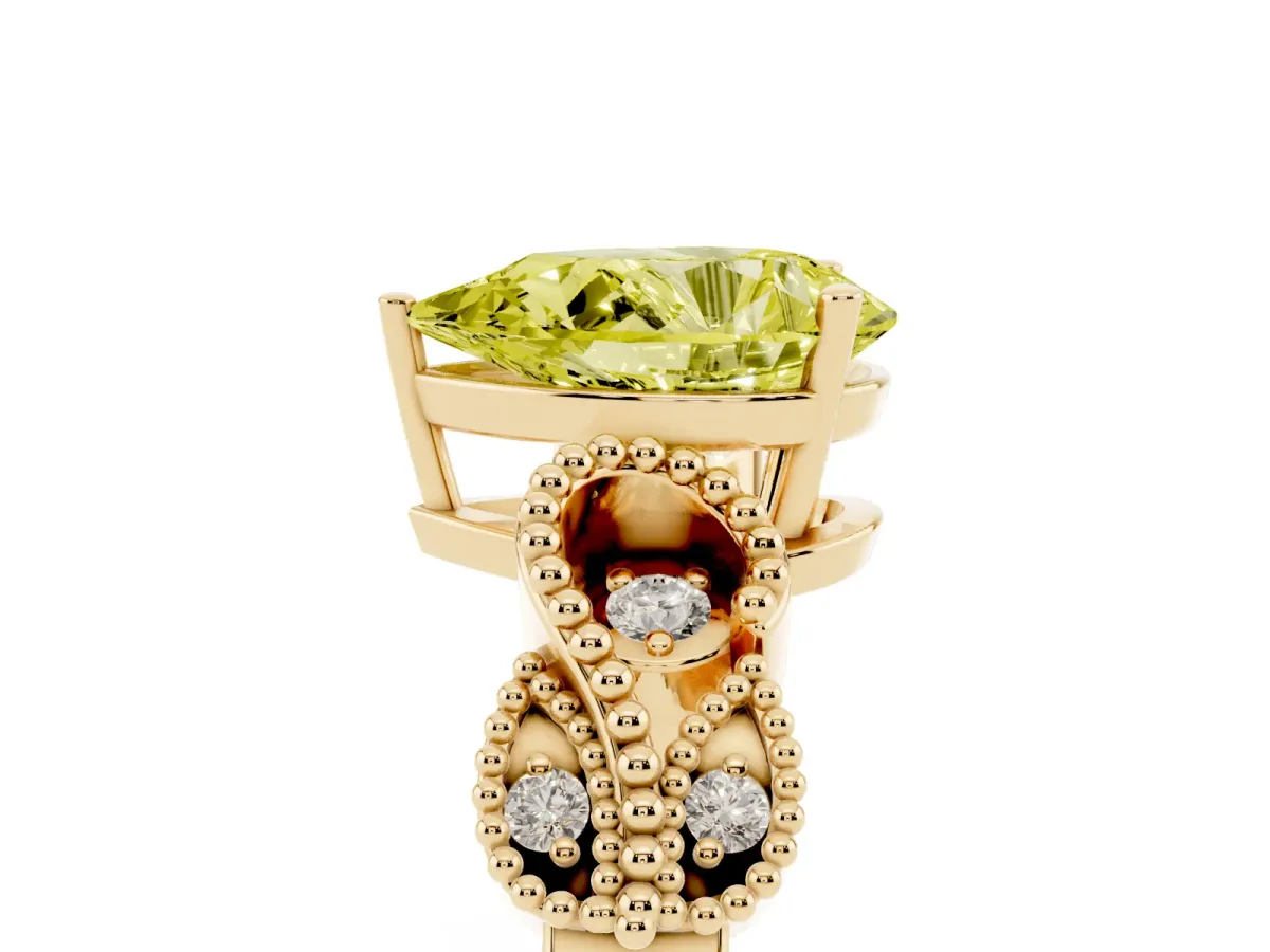 Fancy Yellow Pear Cut Solitaire Milgrain Leaf Band with Prong Setting Yellow gold