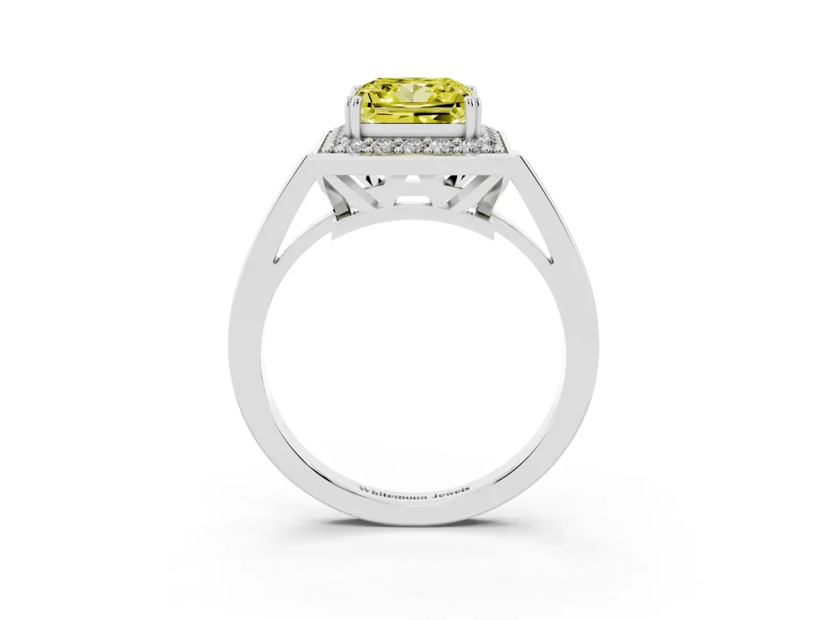 Fancy Yellow Princess Cut Diamond Halo Ring with Split Shank and Four-Prong Setting Silver
