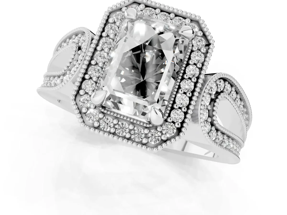 Emerald Cut Halo Split Shank Milgrain Diamond Ring Platinum