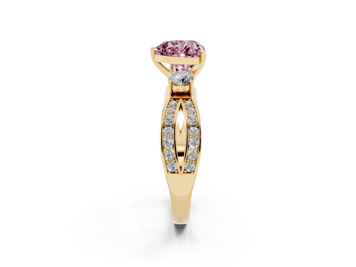 Fancy Pink Three-Stone Heart Cut Cut Diamond Twist Band with Prong Setting Yellow gold