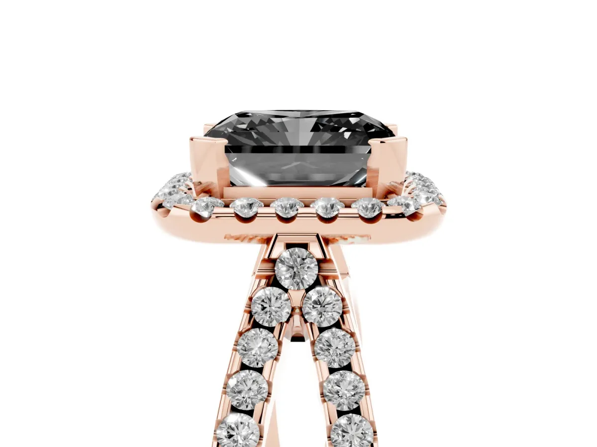 Fancy Black Radiant Cut Diamond Halo Ring with Split Shank Pavé Band and Prong Setting Rose gold