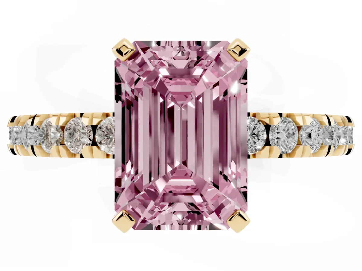 Fancy Pink Emerald Cut Diamond Pavé Band Solitaire with Four-Prong Setting Yellow gold