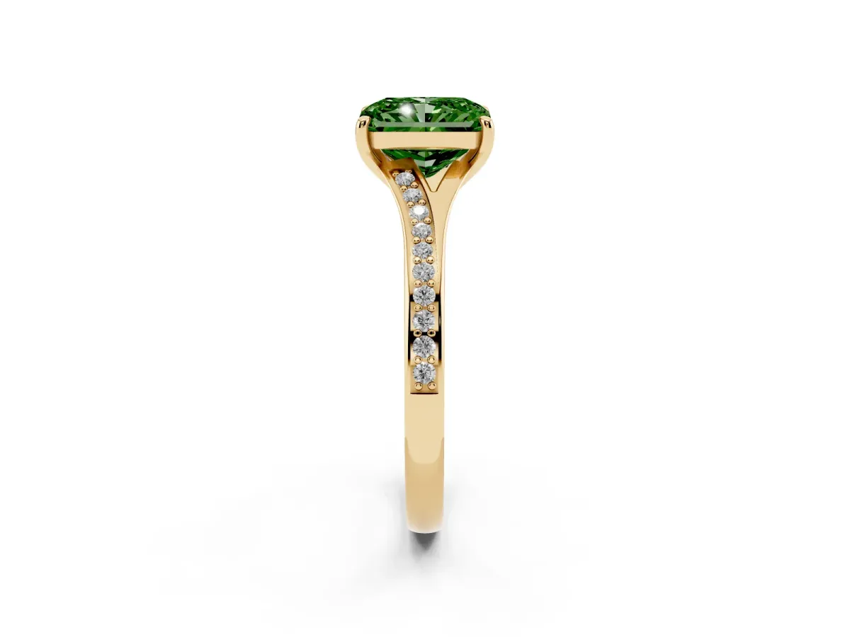 Fancy Green Radiant Cut Diamond Solitaire Ring with Pavé Band and Prong Setting Yellow gold