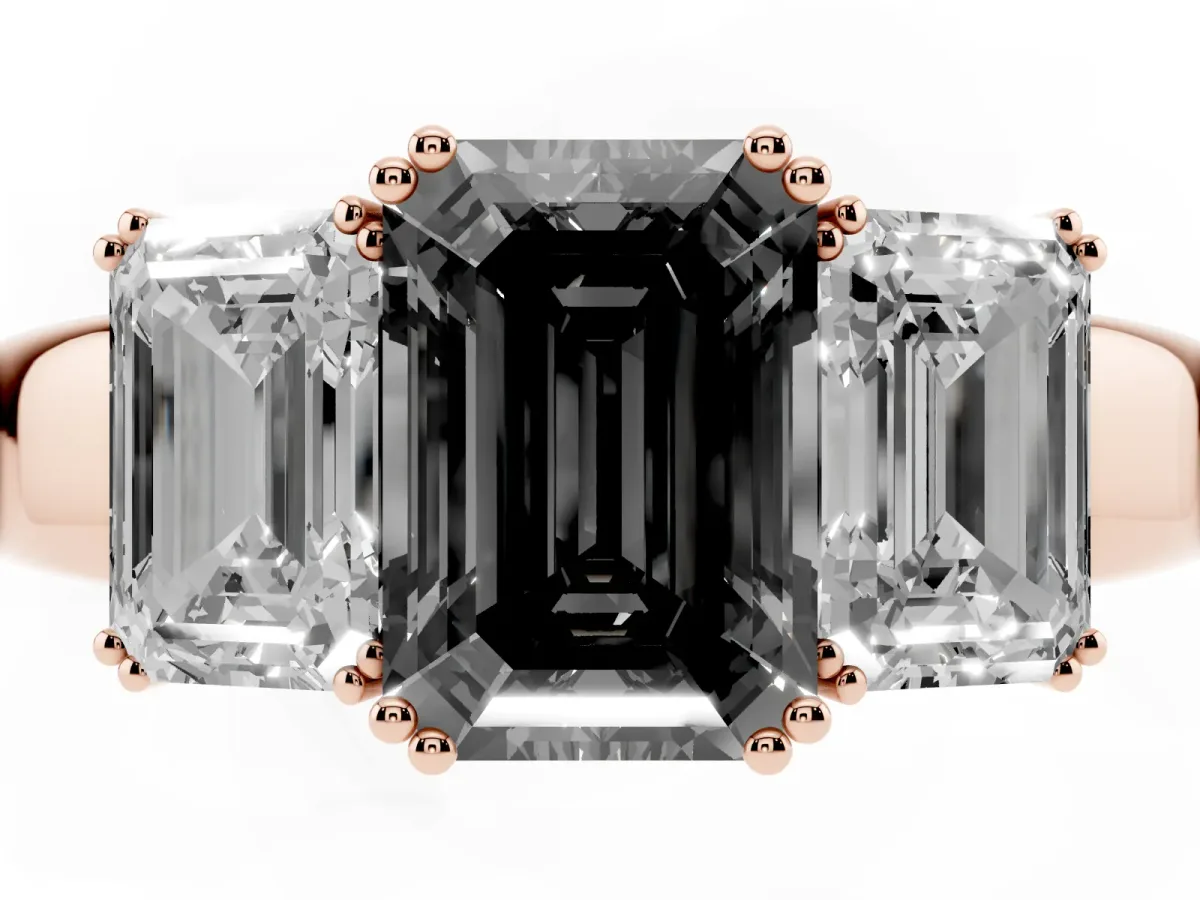 Fancy Black Three-Stone Emerald Cut Cut Diamond Ring with Channel Set Band and Four-Prong Setting Rose gold