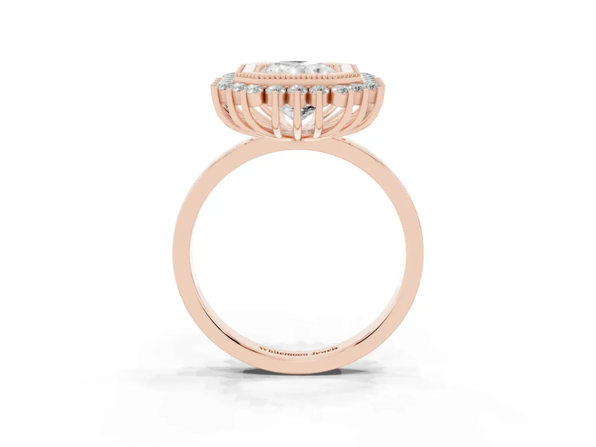 Radiant Cut Halo Diamond Ring with Milgrain Edge and Round Prong Setting Rose gold