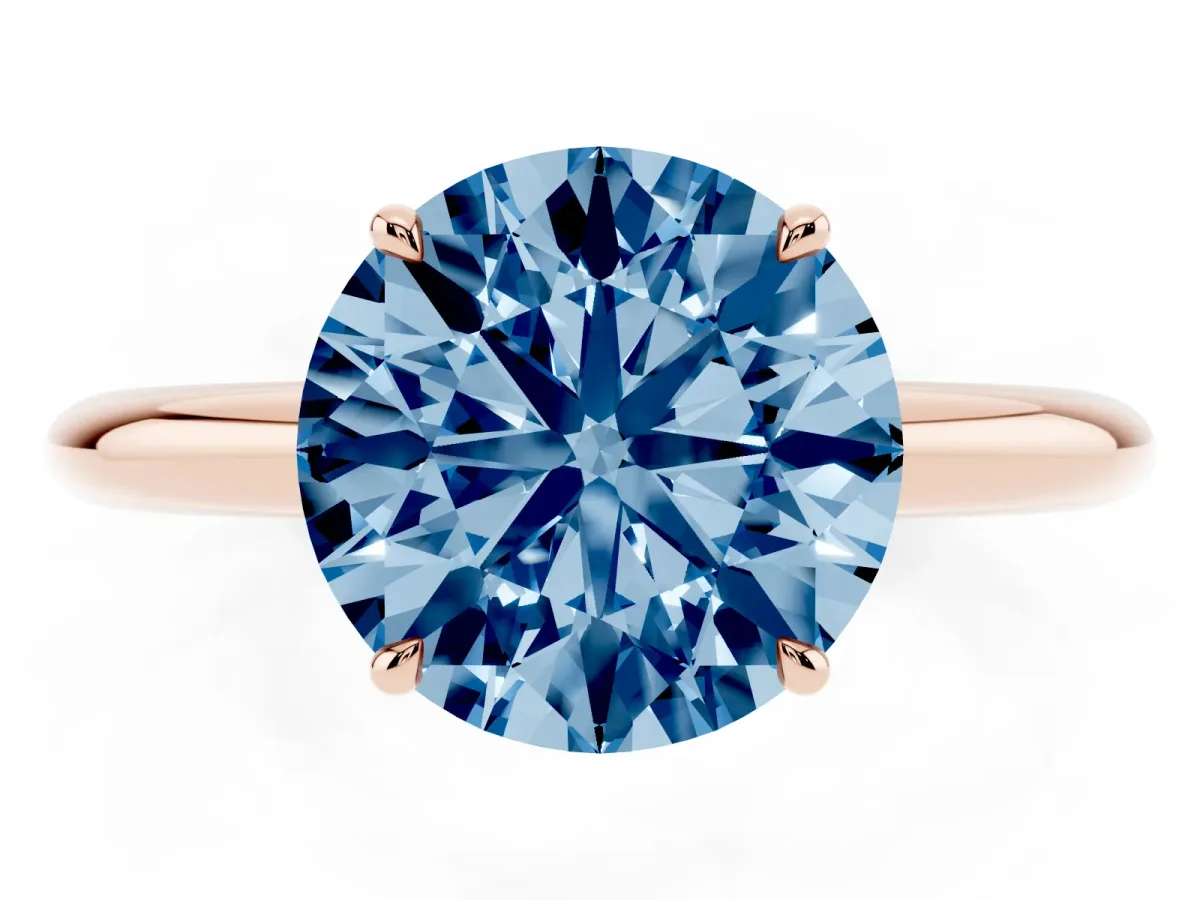 Fancy Blue Round Cut Brilliant Solitaire Engagement Ring with Six-Prong Setting and Classic Band Rose gold