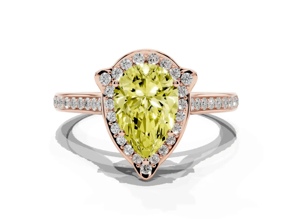 Fancy Yellow Pear Cut Halo Round Diamond Pave Band with Four-Prong Setting Rose gold