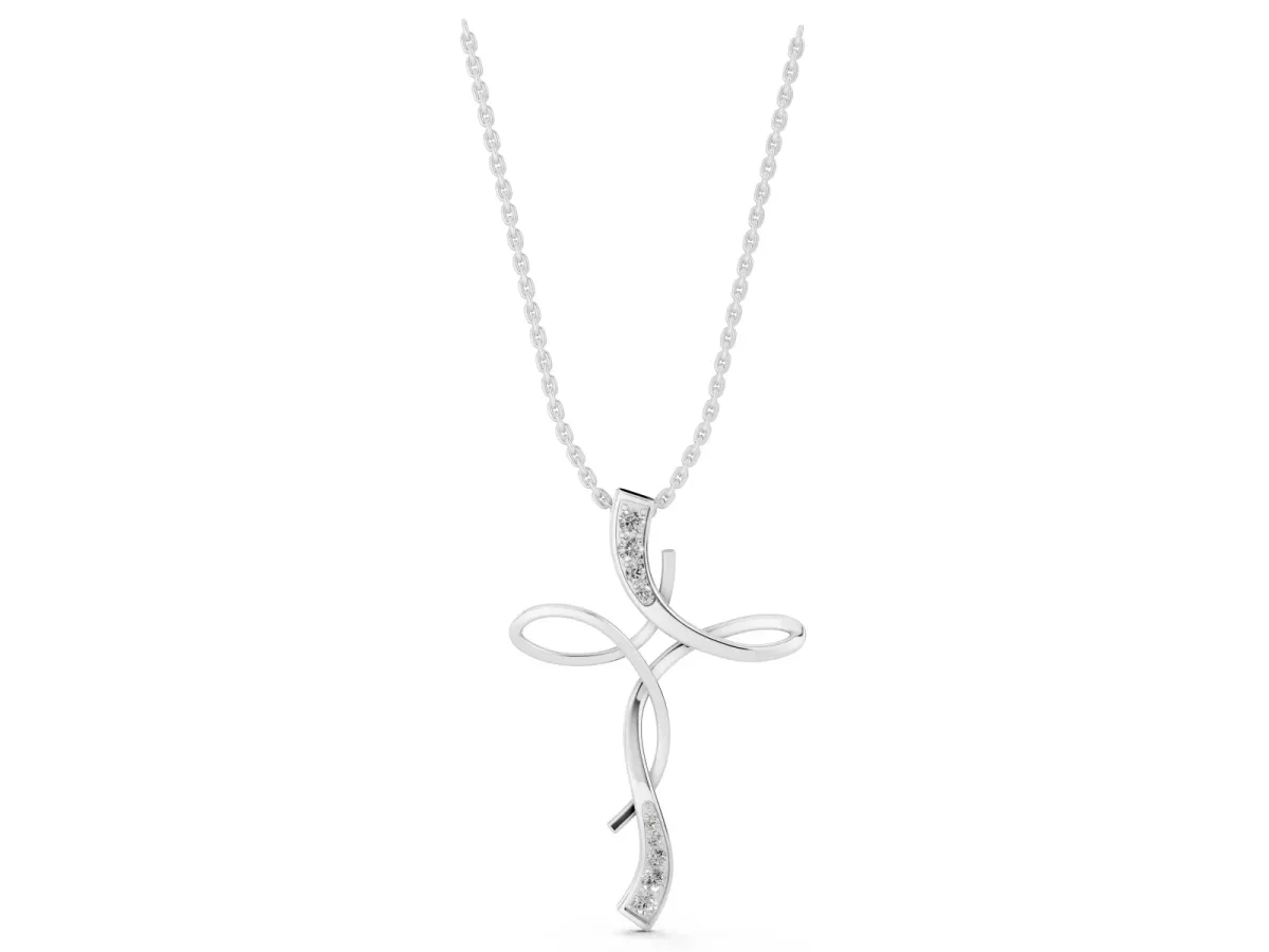 Pavé Round Diamond Twist Cross Pendant Silver
