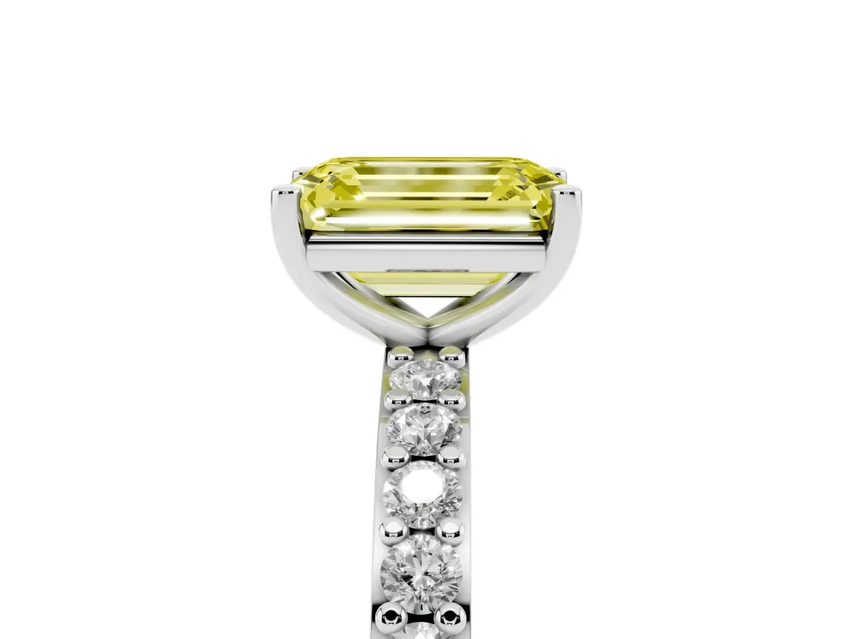 Fancy Yellow Emerald Cut Cut Diamond Solitaire with Pave Band and Four-Prong Setting Silver