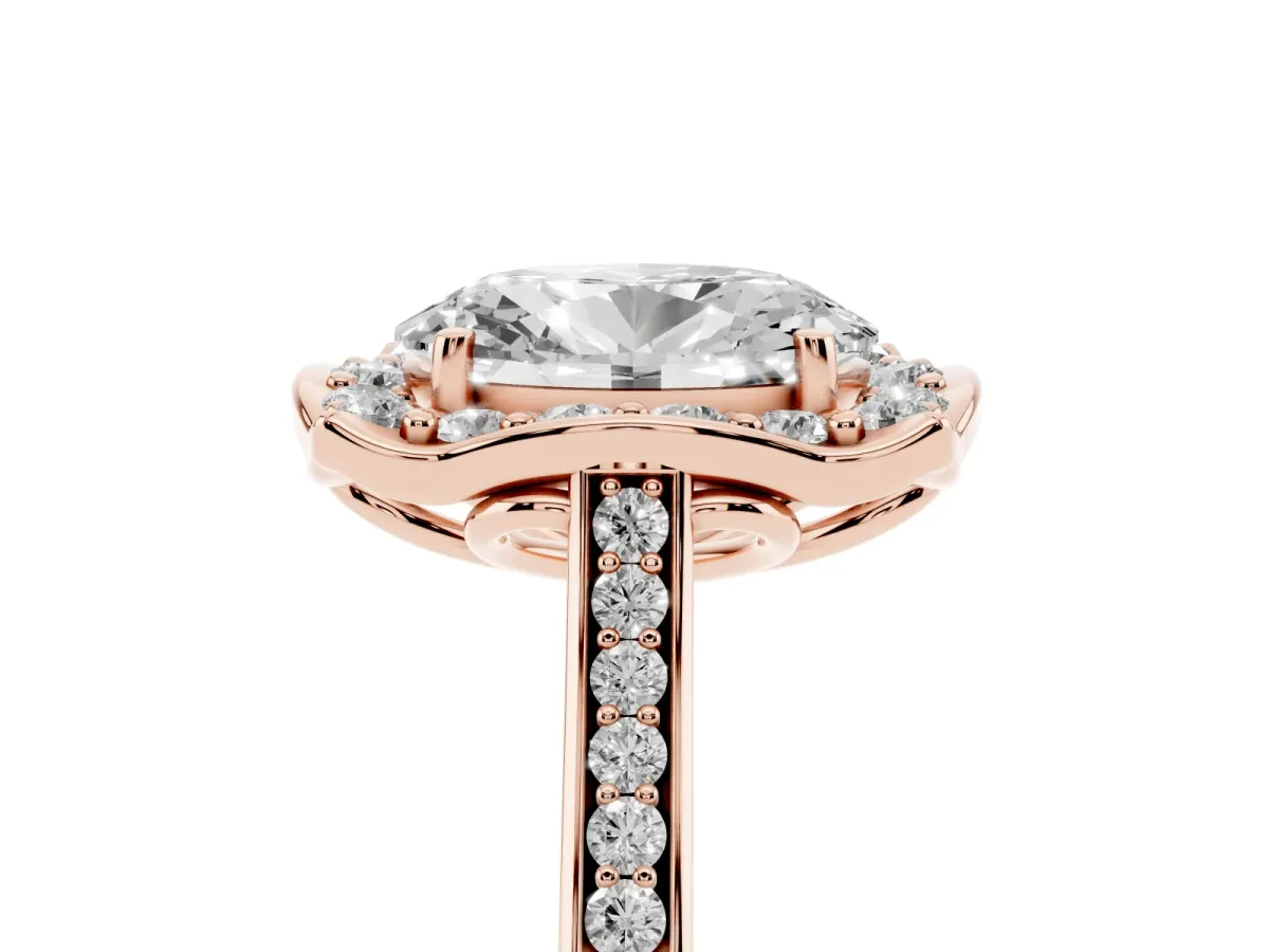 Oval Cut Halo Round Diamond Pave Band with Four-Prong Setting Rose gold