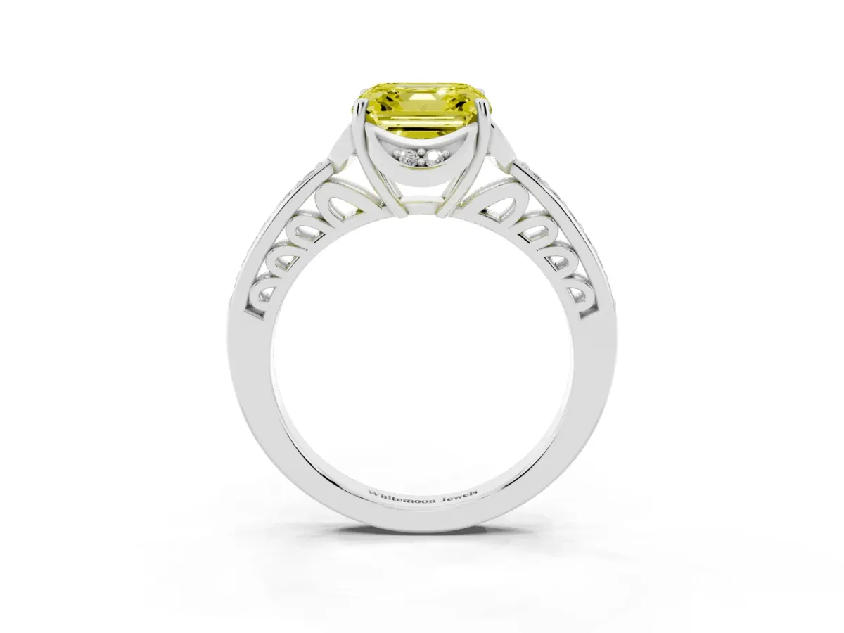 Fancy Yellow Asscher Cut Cut Halo Diamond Ring with Channel Set Band and Four-Prong Setting White gold