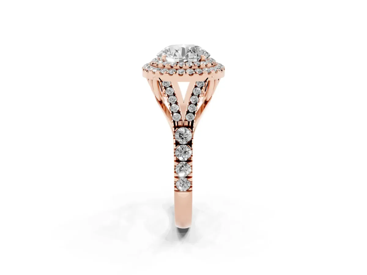 Round Cut Cut Double Halo Split Shank Diamond Ring with Prong Setting Rose gold