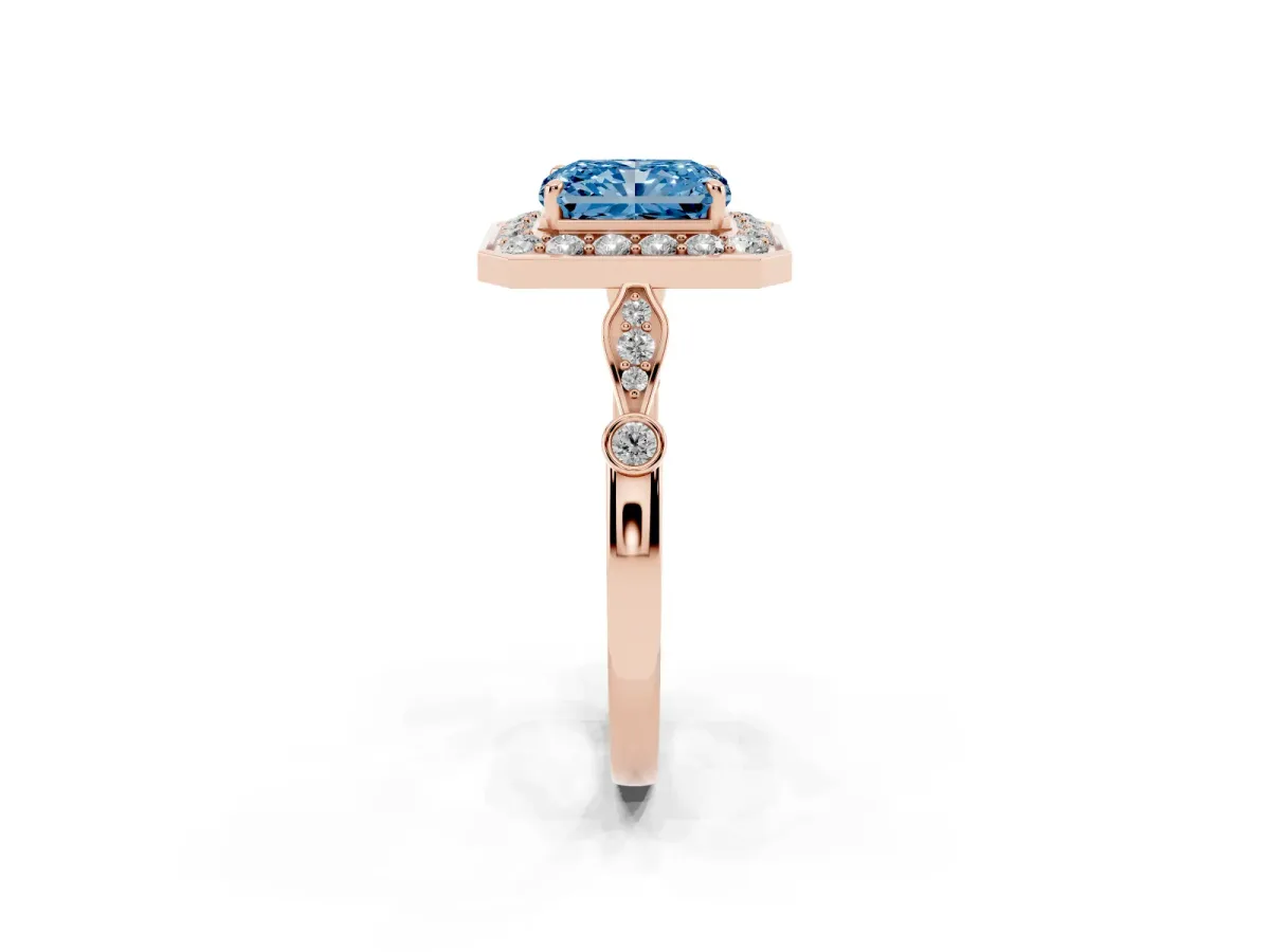 Fancy Blue Radiant Cut Halo Diamond Engagement Ring with Twisted Band and Four-Prong Setting Rose gold