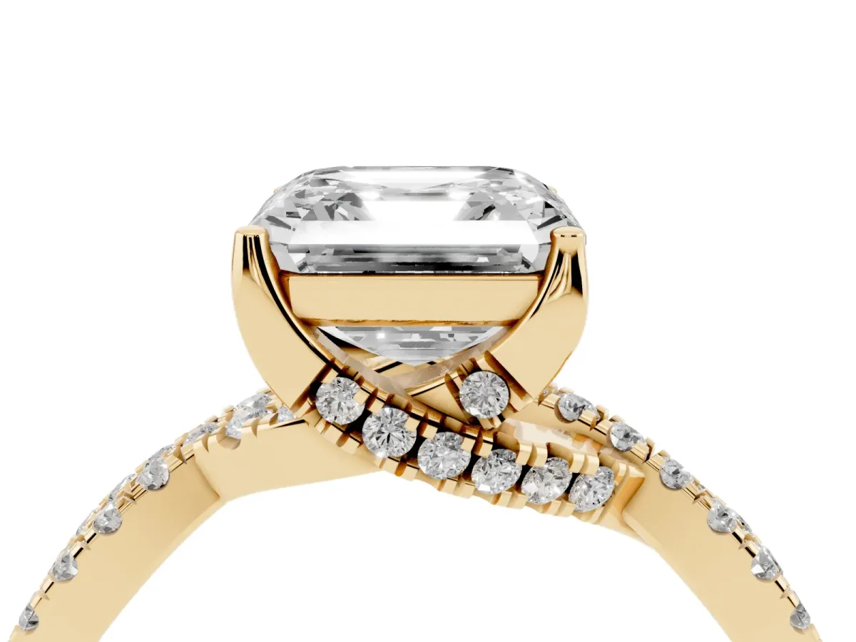 Asscher Cut Solitaire Twist Pave Diamond Engagement Ring with Prong Setting Yellow gold