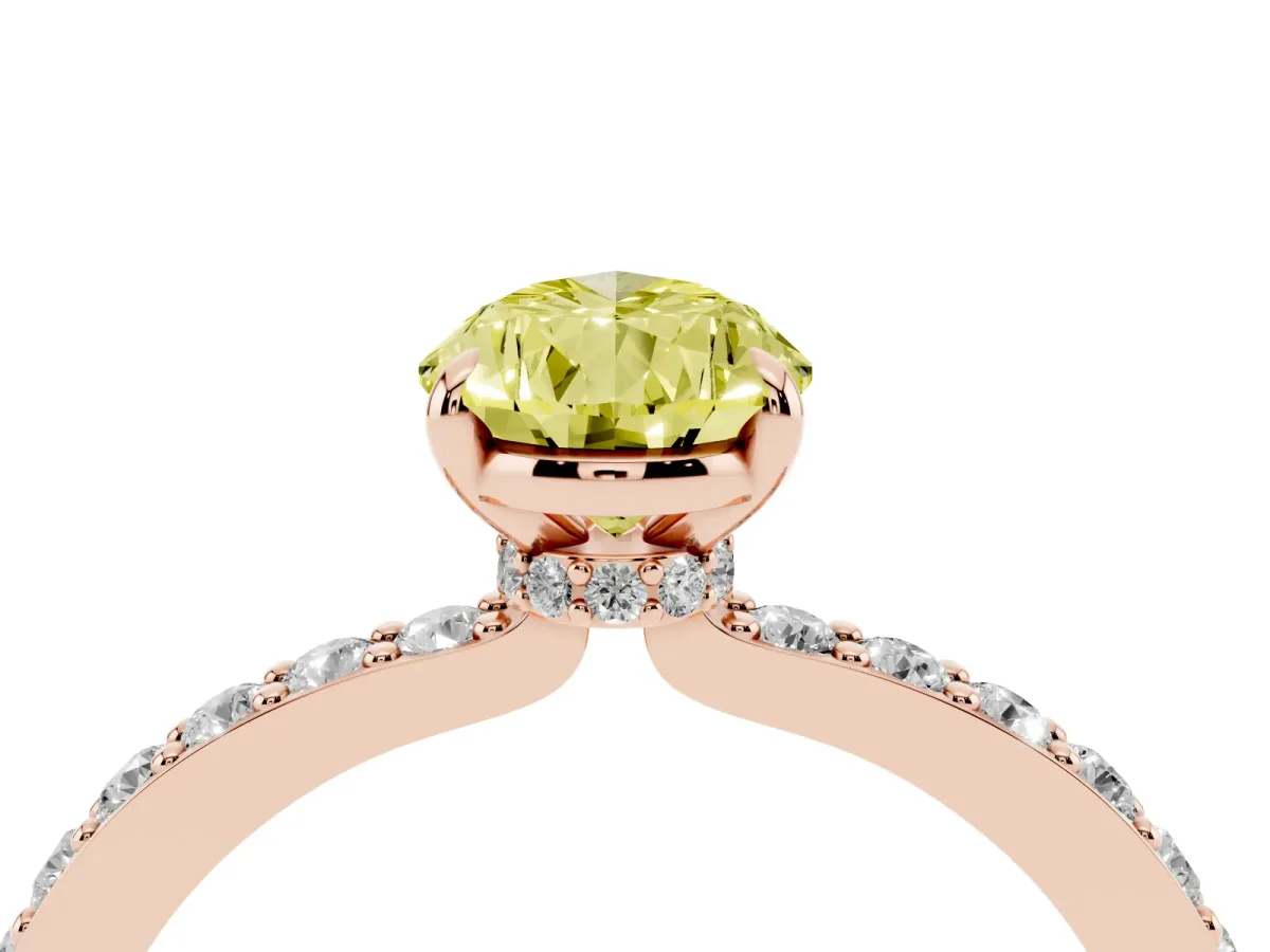 Fancy Yellow Pear Cut Diamond Pavé Engagement Ring with Round Accents and Prong Setting Rose gold