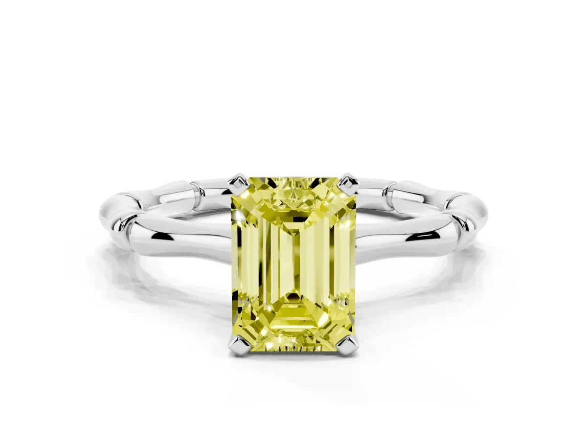 Fancy Yellow Emerald Cut Solitaire Diamond Ring with Bamboo Band and Four-Prong Setting Silver