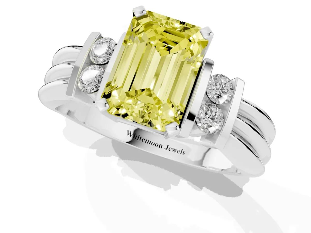 Fancy Yellow Emerald Cut Cut Three-Stone Channel Set Ring with Bar Prongs Platinum