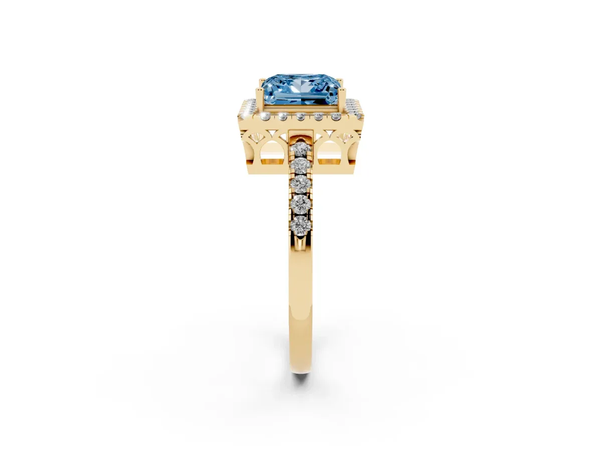 Fancy Blue Princess Cut Halo Diamond Engagement Ring with Pavé Band and Four-Prong Setting Yellow gold