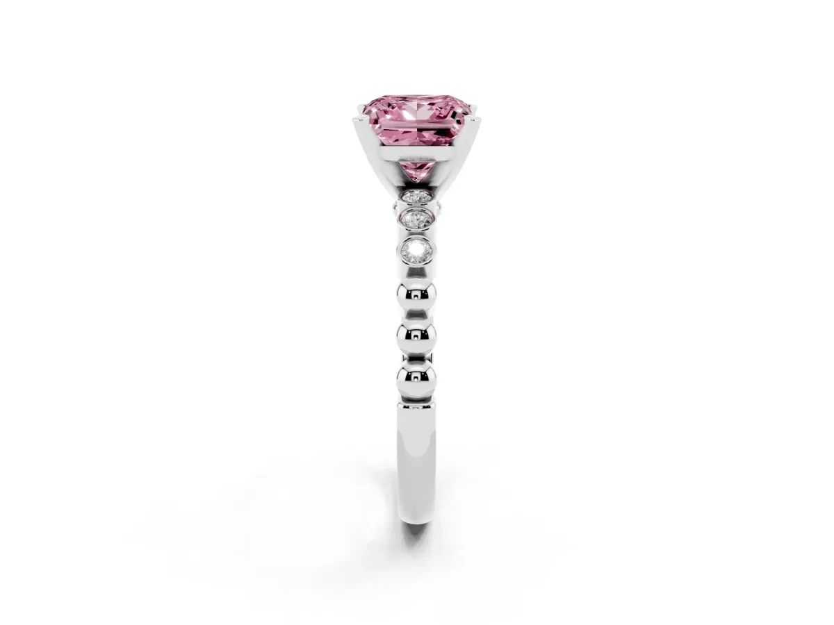 Fancy Pink Princess Cut Solitaire Bezel Accent Diamond Engagement Ring with Beaded Band and Four-Prong Setting Silver