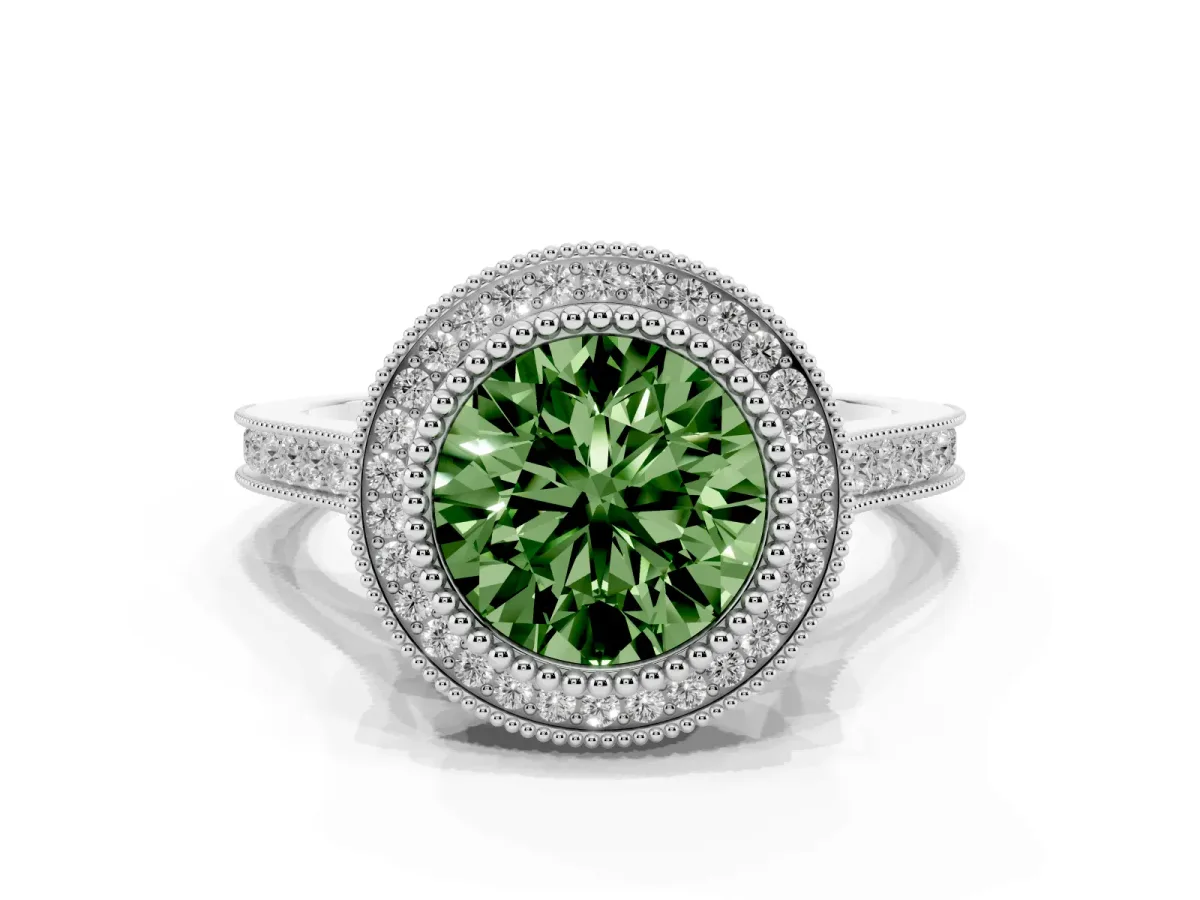 Fancy Green Round Cut Diamond Halo Ring with Milgrain Frame and Pavé Band Platinum