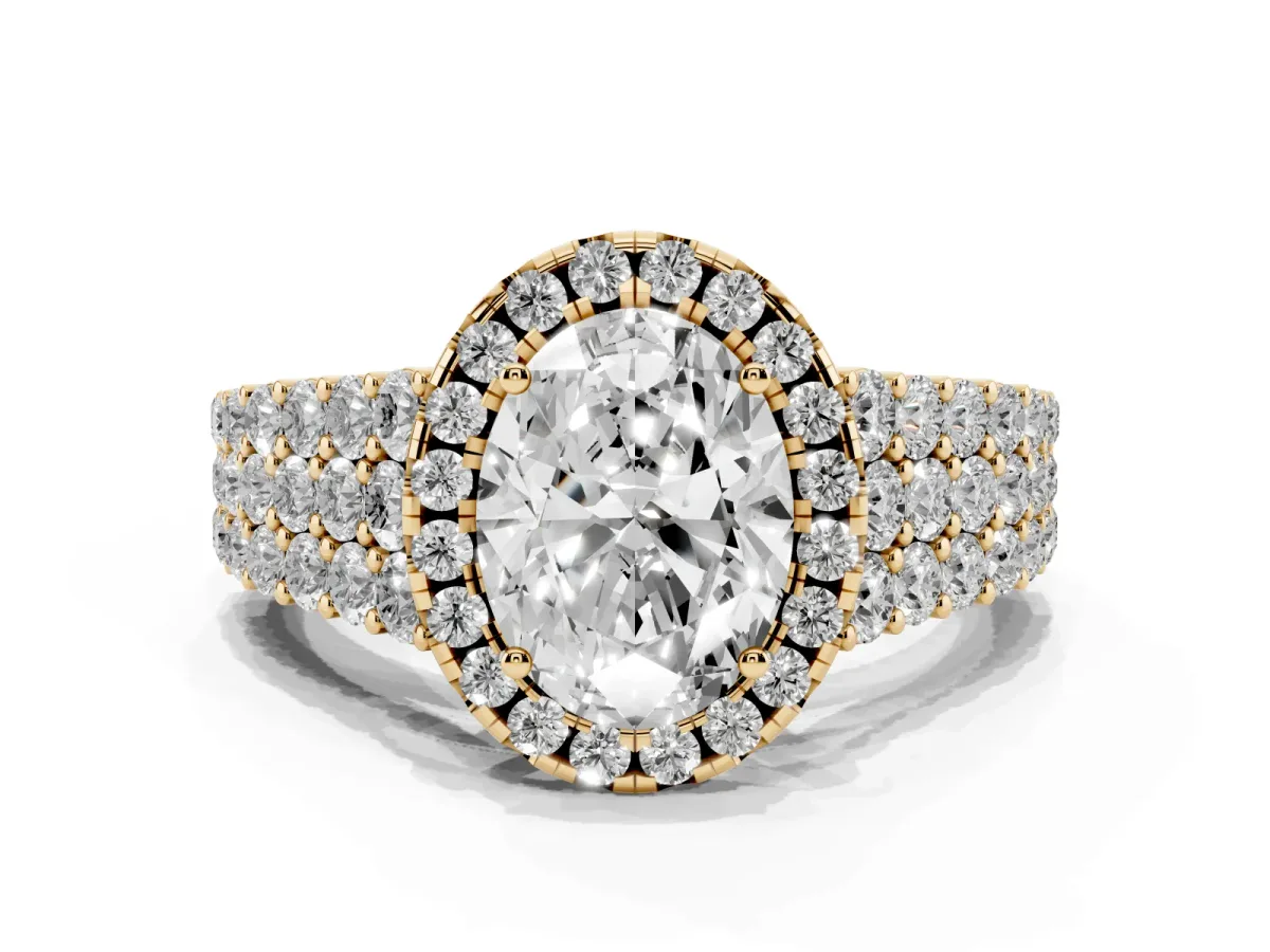 Oval Cut Diamond Halo Engagement Ring with Triple Row Round Pavé Band and Prong Setting Yellow gold