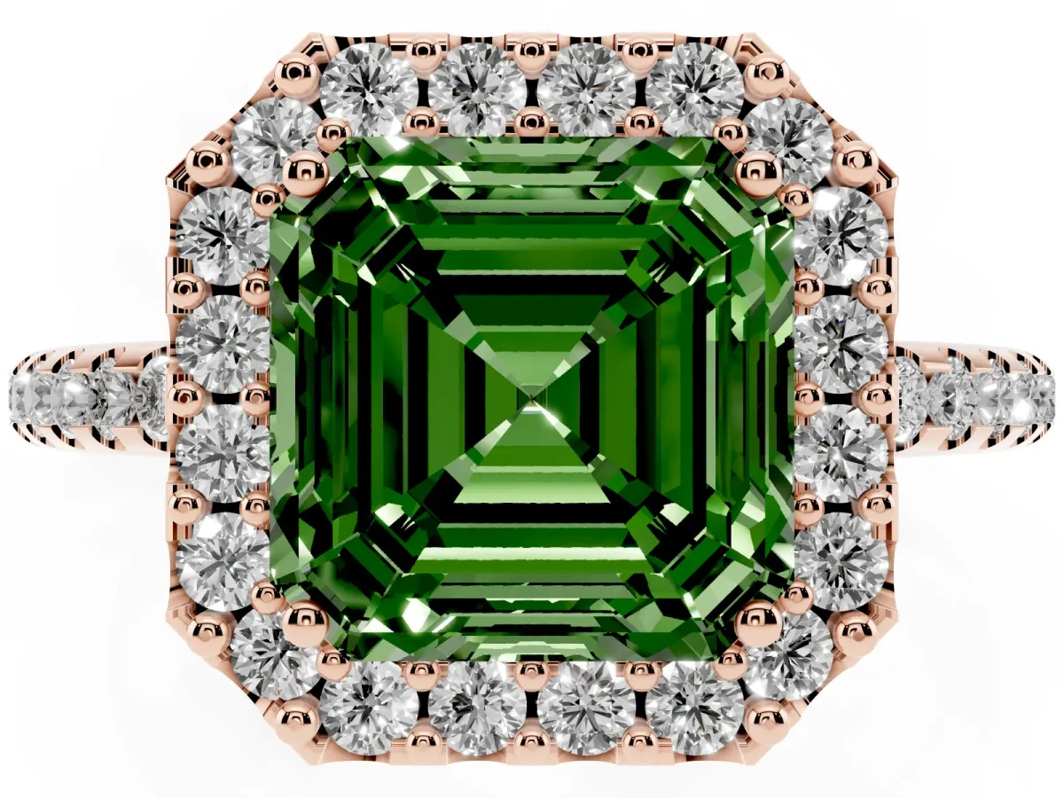 Fancy Green Asscher Cut Diamond Pavé Halo Ring with Four-Prong Setting Rose gold