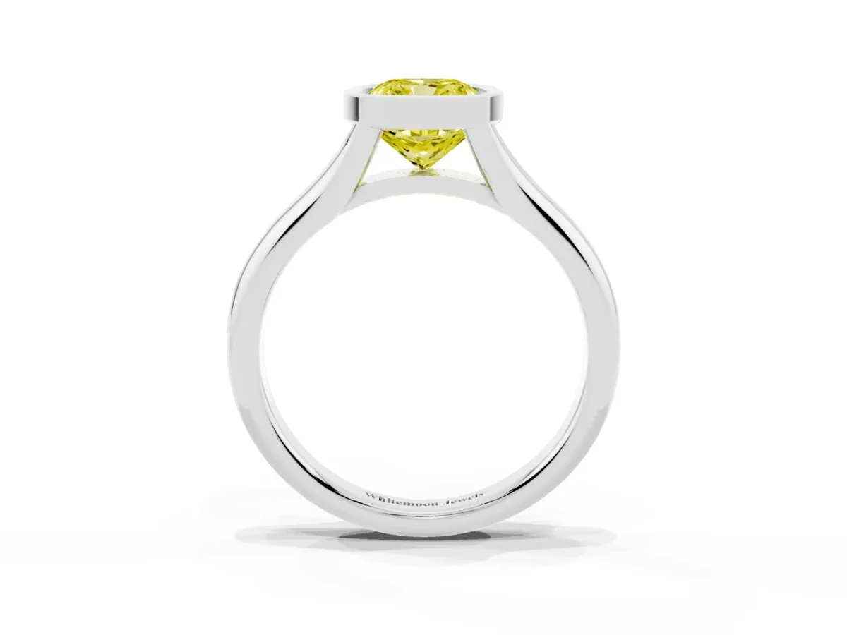 Fancy Yellow Bezel Set Cushion Cut Solitaire Diamond Ring with Smooth Band Silver