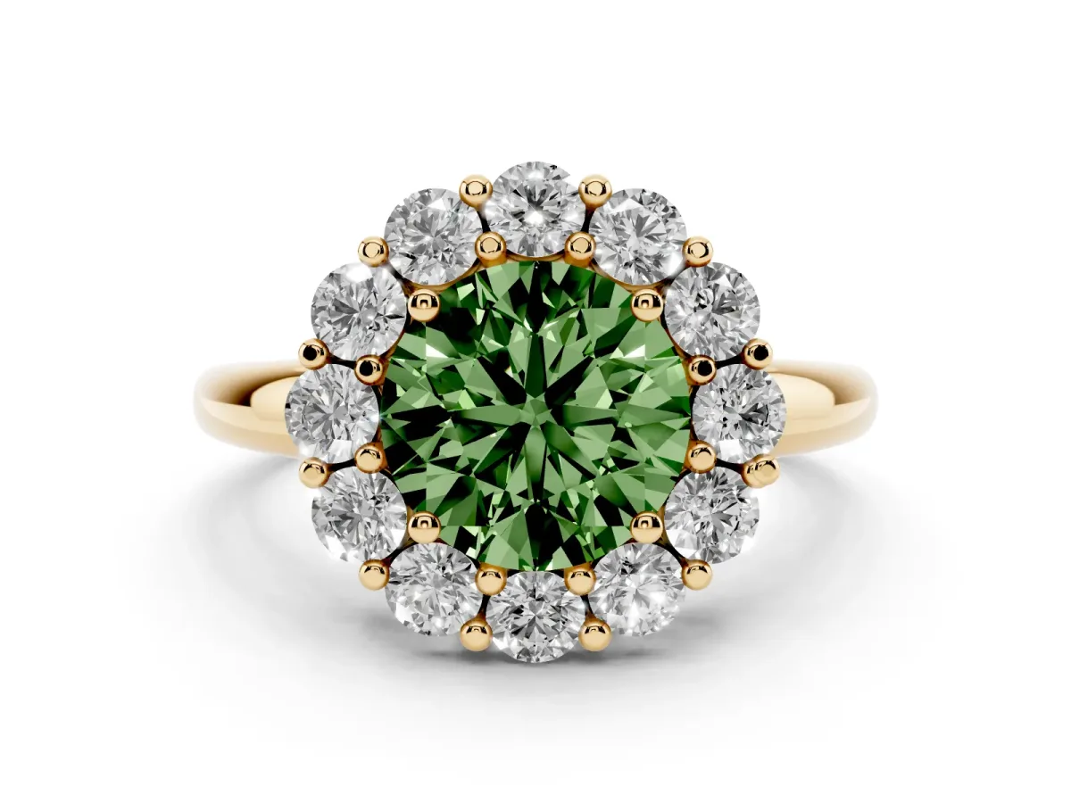 Fancy Green Round Cut Halo Cluster Diamond Engagement Ring with Prong Setting and Polished Band Yellow gold