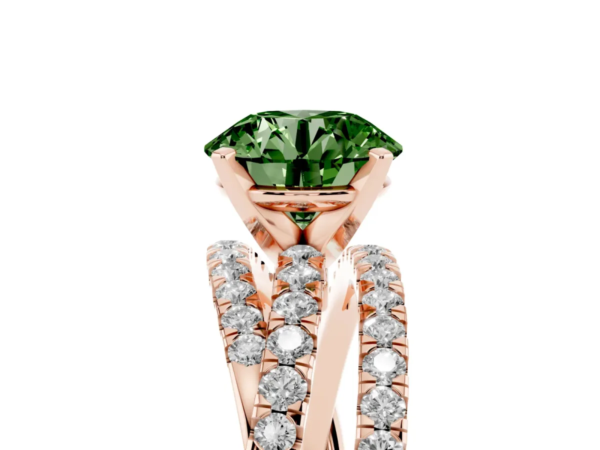 Fancy Green Round Cut Solitaire Twist Band with Pavé Setting and Four-Prong Setting Rose gold