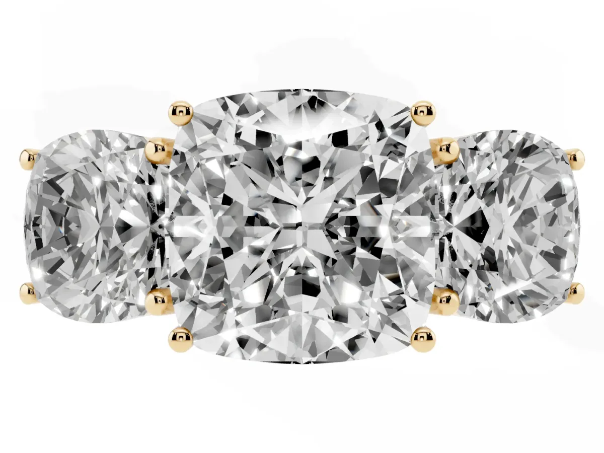Three-Stone Cushion Cut Diamond Braided Band Ring with Four-Prong Setting Yellow gold