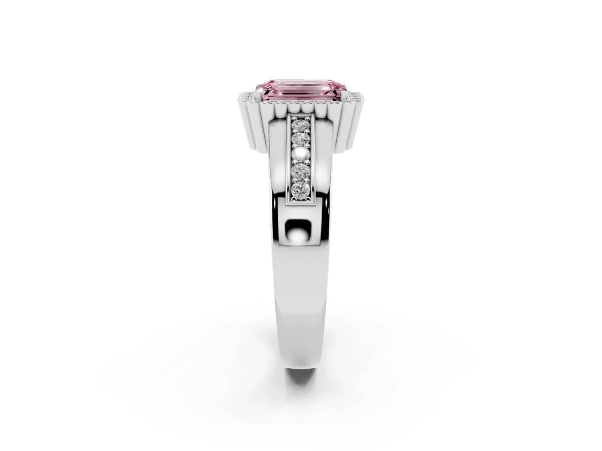 Fancy Pink Emerald Cut Cut Halo Pave Band Four-Prong Ring Silver