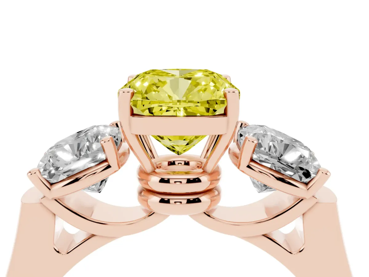 Fancy Yellow Three-Stone Cushion Cut Brilliant Diamond Trellis Ring with Comfort Fit Band Rose gold