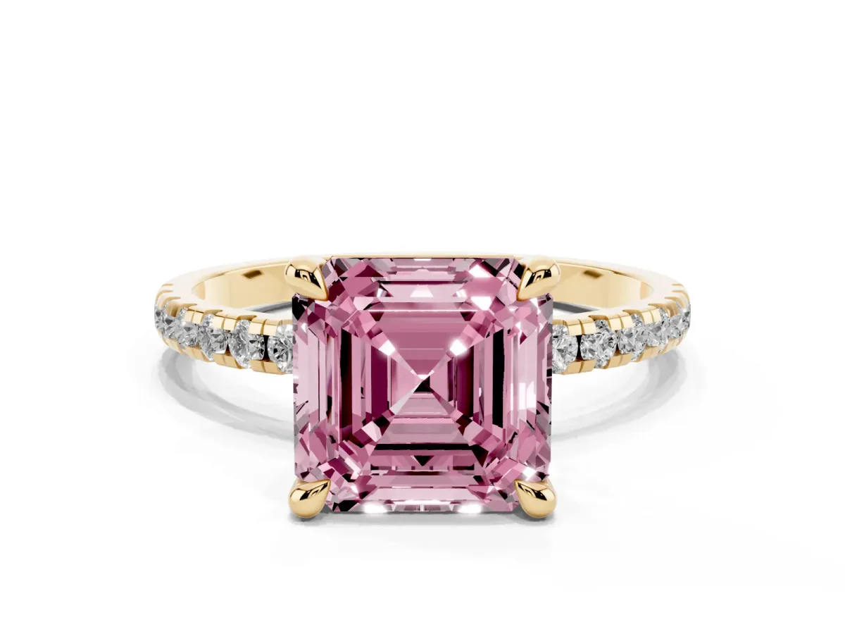 Fancy Pink Asscher Cut Diamond Brilliant Solitaire Ring with Pavé Band and Four-Prong Setting Yellow gold