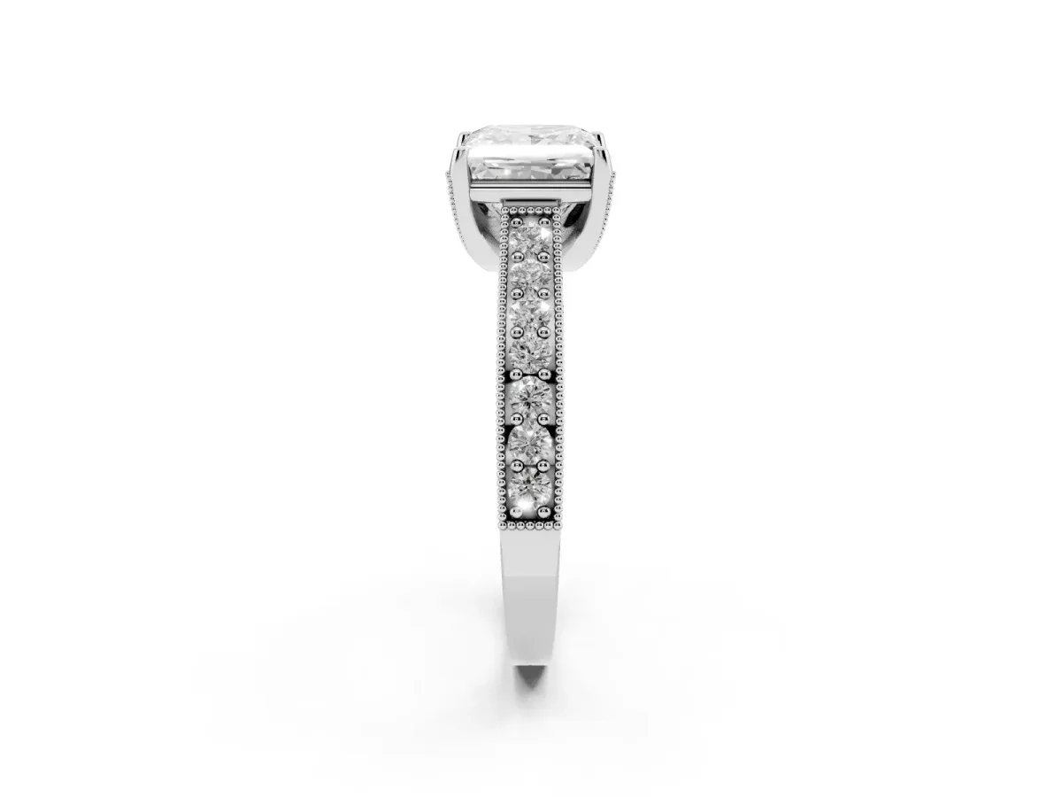 Princess Cut Cut Diamond Solitaire Ring with Milgrain Pave Band and Four Prong Setting Silver