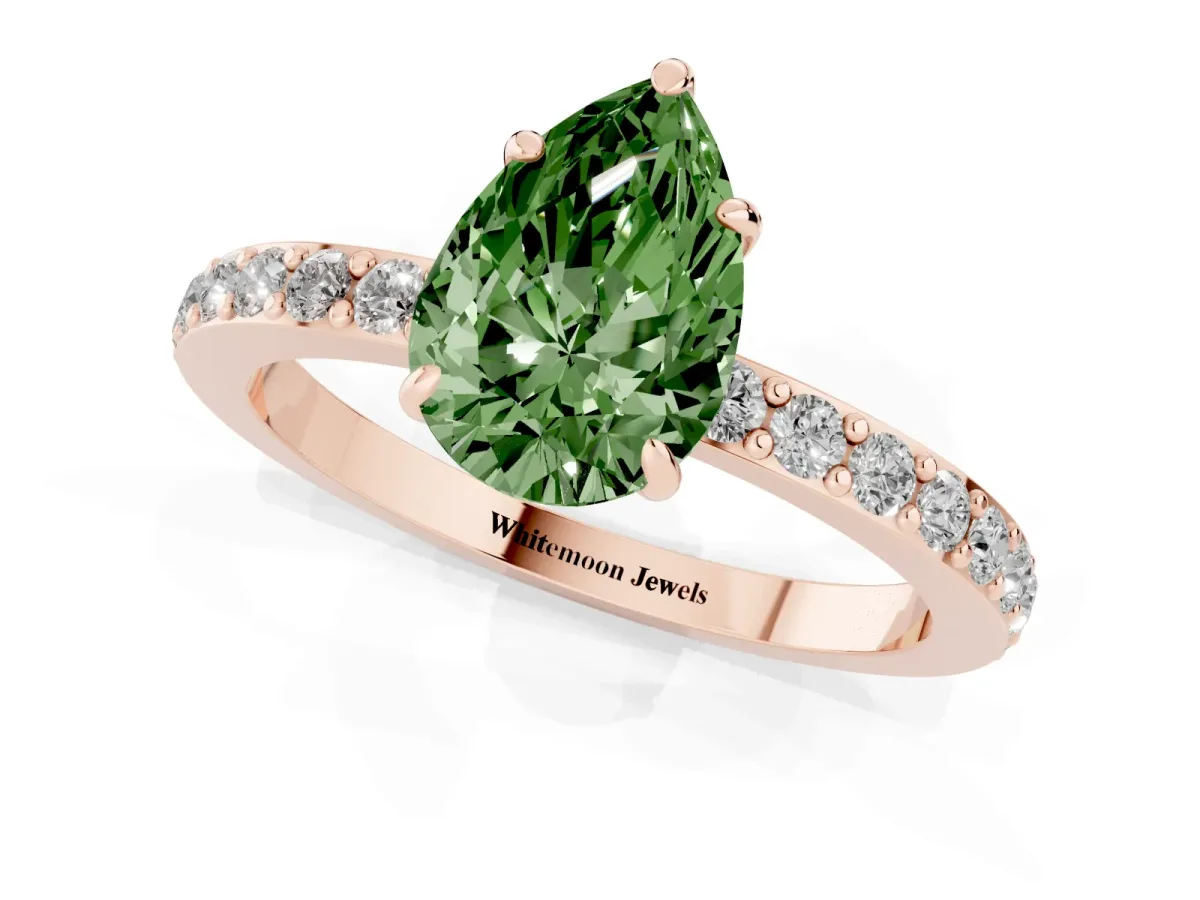 Fancy Green Pear Cut Diamond Pavé Engagement Ring with Round Accents and Prong Setting Rose gold
