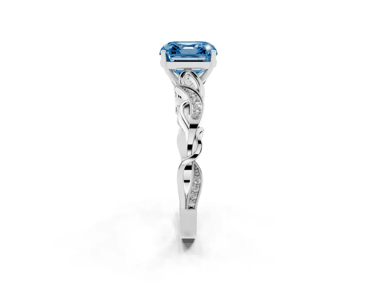 Fancy Blue Asscher Cut Solitaire Vine Band with Milgrain Prong Setting Silver