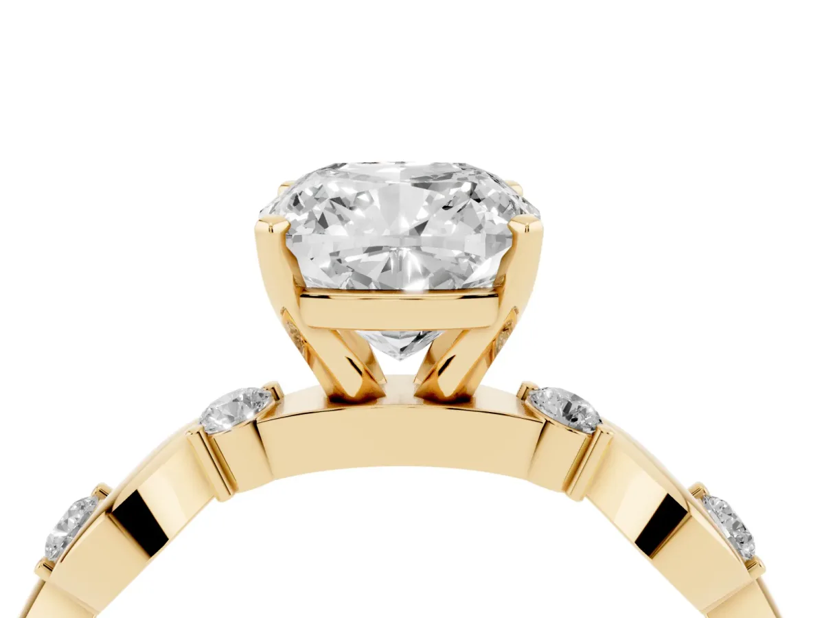 Cushion Cut Diamond Solitaire Twisted Band with Round Accents and Prong Setting Yellow gold