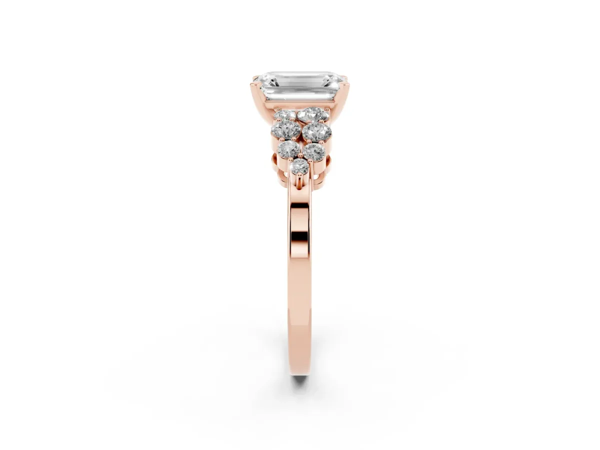 Emerald Cut Cluster Diamond Engagement Ring with Pavé Band and Four-Prong Setting Rose gold