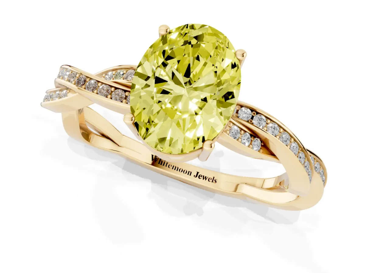 Fancy Yellow Oval Cut Solitaire Twisted Pave Diamond Ring with Four-Prong Setting Yellow gold