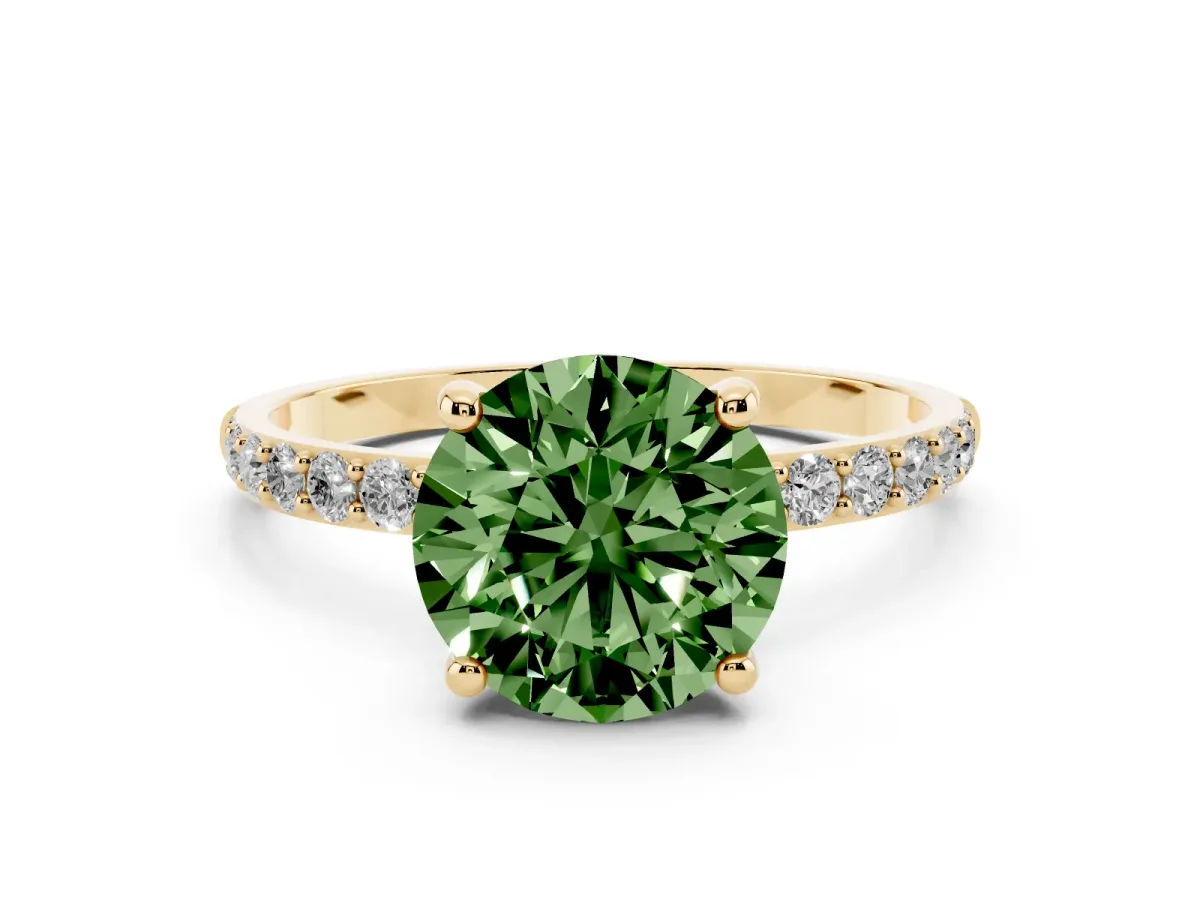 Fancy Green Round Cut Diamond Solitaire Ring with Round Pavé Band and Prong Setting Yellow gold