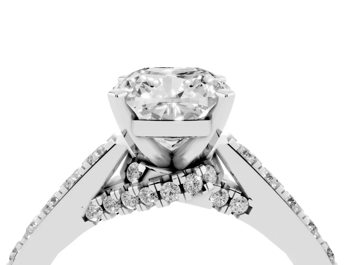 Cushion Cut Diamond Solitaire Ring with Crossover Gallery and Round Pavé Band Silver