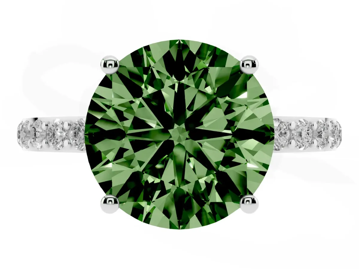 Fancy Green Round Cut Diamond Solitaire Ring with Round Pavé Shoulders and Prong Setting Silver