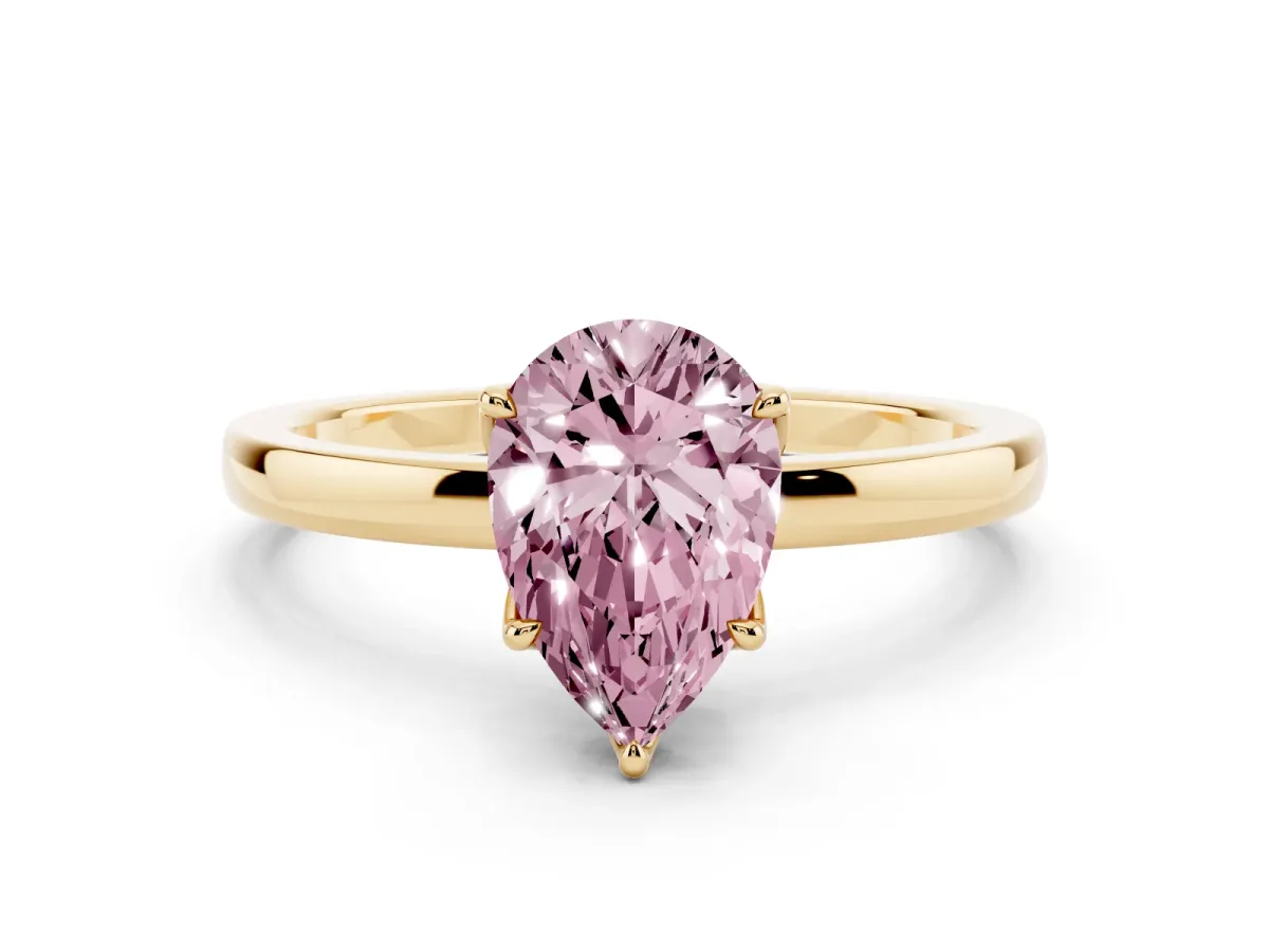 Fancy Pink Pear Cut Diamond Solitaire Ring with Thin Band and Prong Setting Yellow gold