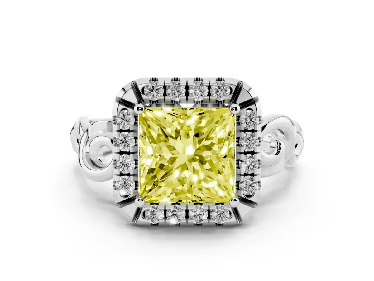 Fancy Yellow Princess Cut Cut Halo Diamond Ring with Scrollwork Band and Four-Prong Setting Platinum