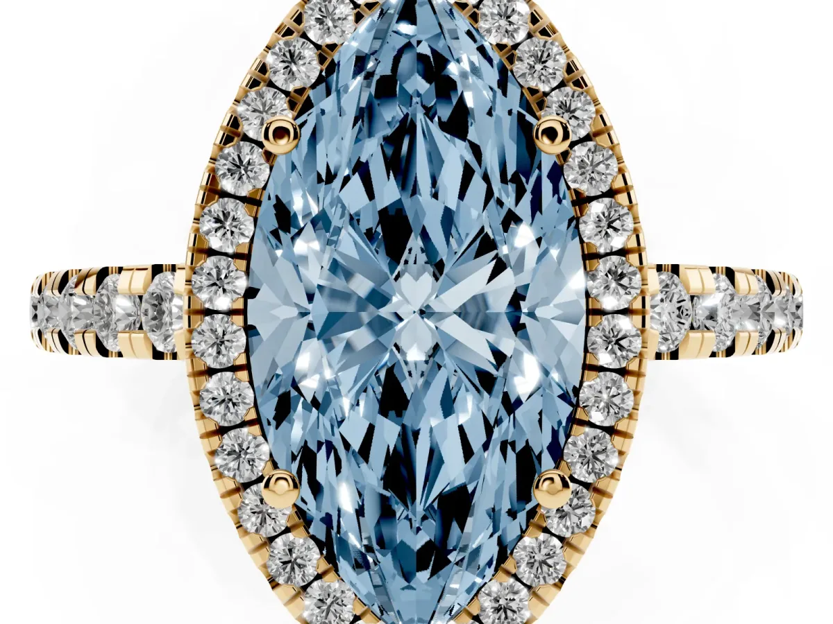Fancy Blue Marquise Cut Diamond Halo Ring with Pavé Band and Four-Prong Setting Yellow gold